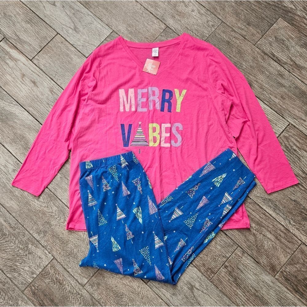 Sleep Chic Merry Vibes Pink and Blue PJ Set Size 1X
